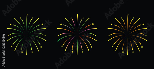 Set of Three Colorful Fireworks Bursts with Stars Isolated on Black Background