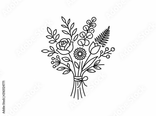 Minimalist line art floral bouquet arrangement with greenery elements