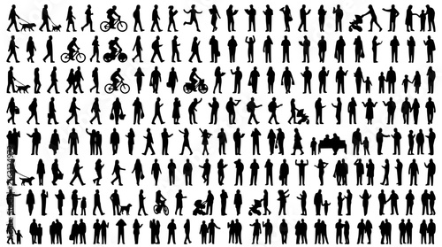 Silhouettes of people in dynamic poses set with minimalist style featuring standing, sitting, and running figures with black outlines and clean backgrounds