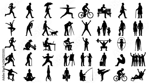 Silhouette set with diverse human poses featuring standing, sitting, and dynamic actions with clean black shapes and white background