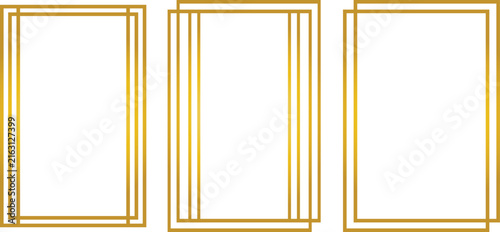 Set of three golden geometric frames on white background. These luxury Art Deco borders feature elegant metallic lines. Use this modern vector card template for wedding invitations.
