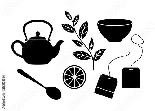 Black silhouette of tea teapot, leaves, cup, lemon, spoon, tea bags