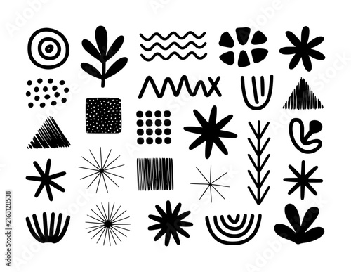 Collection of abstract black and white hand-drawn shapes and patterns