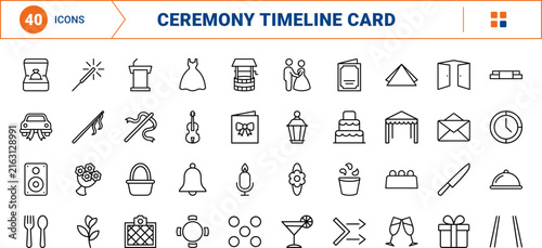 Ceremony Timeline Card line icon set. Vector pictograms of wedding, event, schedule, and reception elements, thin linear illustration.