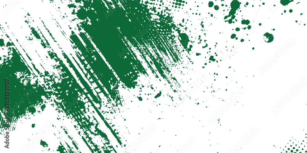 Fototapeta premium Abstract dark green heavy brush stroke grunge texture with halftone dots and splatters vector illustration.