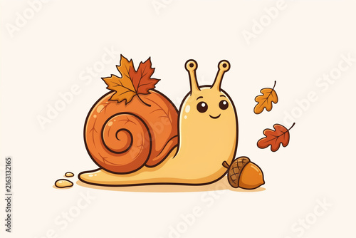 A friendly cartoon snail with a vibrant orange autumn maple leaf on its back shell cheerfully exploring a whimsical fall forest scene with falling oak leaves and a single acorn
