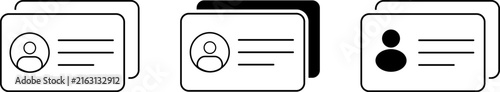 Minimalist ID card icon set, black and white identification badge symbols, professional identity document vector illustrations for UI design