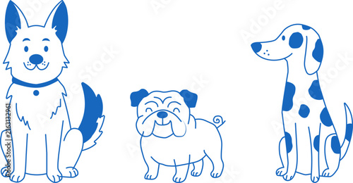 Minimalist blue line art dogs, set of 3 cartoon dog illustrations, cute pet character vector graphics for veterinary branding