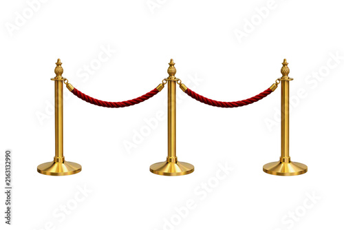 Gold stanchions with red rope isolated PNG, luxury velvet barrier line on transparent background, entrance queue control mockup