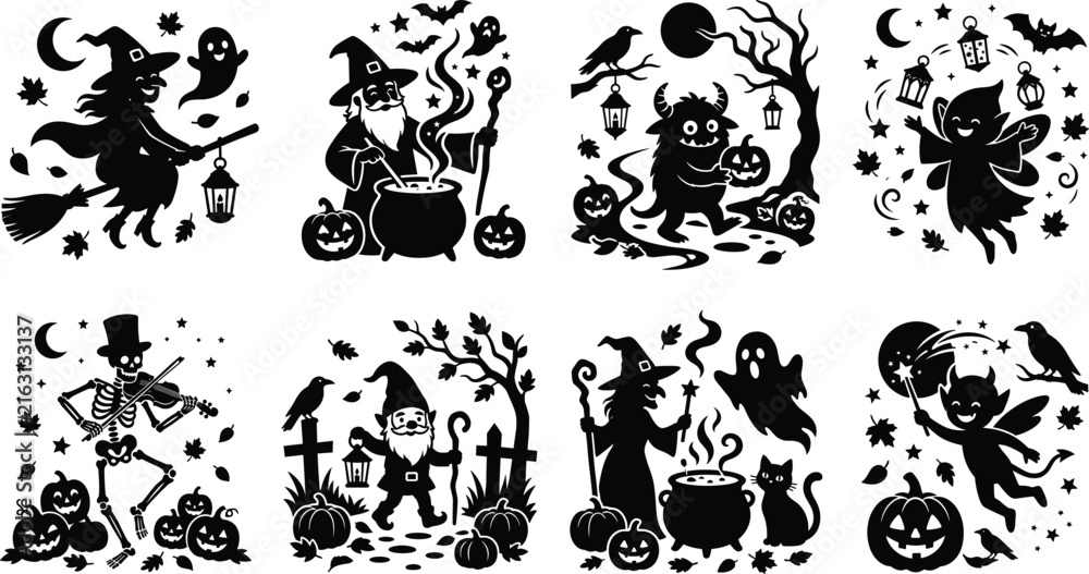 Obraz premium Halloween Witch and Fantasy Character Silhouette Collection with Spooky Magical Scene Elements
