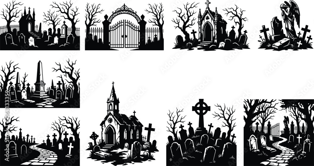 Fototapeta premium Haunted Cemetery Silhouette Collection Vector Set with Gothic Graveyard Halloween Scenes