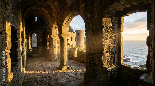 A close-up of Dunnottar Castle with the mediaeval buildings illuminated by golden rays of morning sunlight streaming through the old stone walls and towers