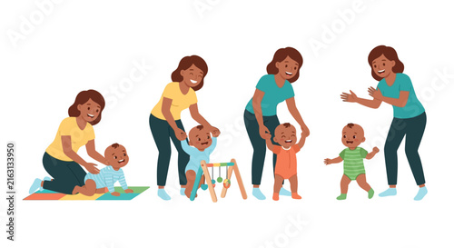 Fotografie Mother assisting baby through developmental stages colorful vector illustration