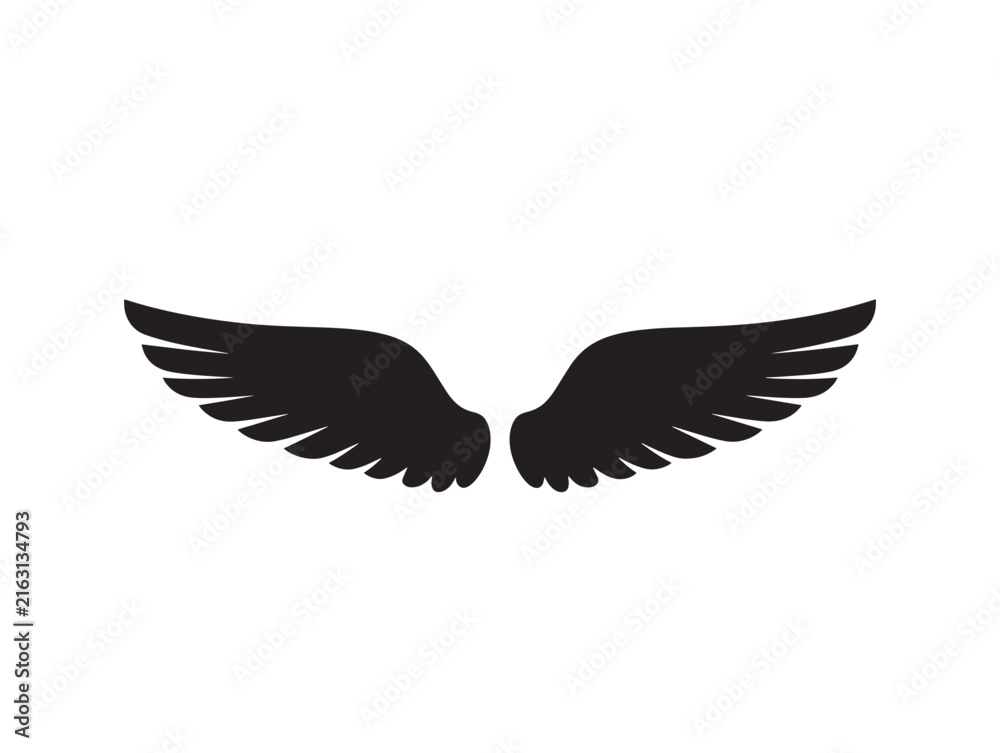 Obraz premium Black angel wings silhouette icon. Spread bird wings vector graphic for logo design.