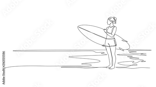 animated continuous line drawing of a young female surfer standing on beach holding a surfboard, looking out towards the ocean, line art animation
