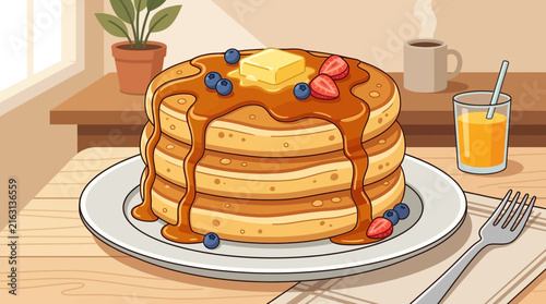 Stack of Fluffy Homemade Pancakes with Melted Butter and Maple Syrup on a Breakfast Table