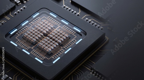 Neuromorphic AI synaptic computing microchip 3D illustration with copy space