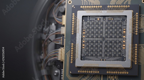 Superconducting quantum qubit processor semiconductor 3D illustration with copy space