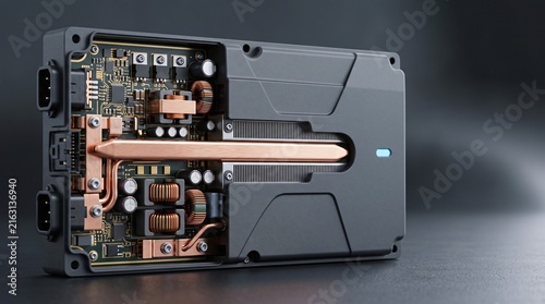 EV onboard charger OBC power converter module 3D illustration with copy space