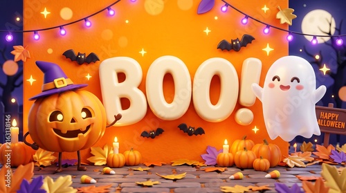 Happy cartoon jack o lantern and ghost celebrating halloween with boo text and festive lights