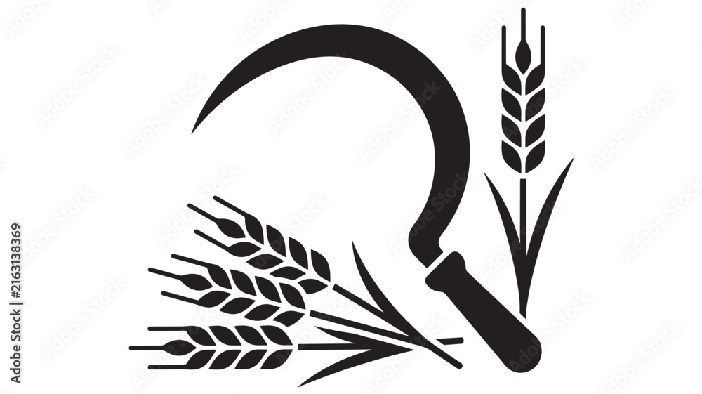Fototapeta premium Scythe and Wheat Stalks Icon Representing Agriculture and Harvest. Rural Farming Concept Illustration. with Symbol