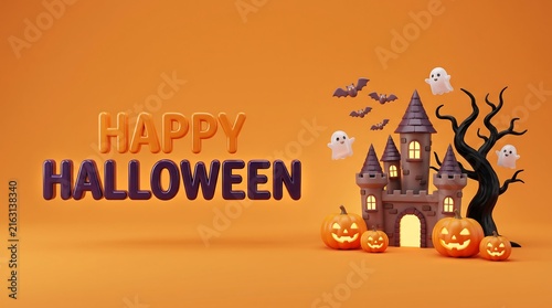 Happy halloween illustration with haunted house, jack o lanterns, and ghostly figures