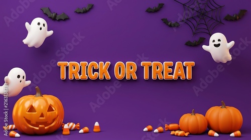 Happy cartoon ghosts and jack-o'-lanterns celebrating halloween trick or treat pixel art