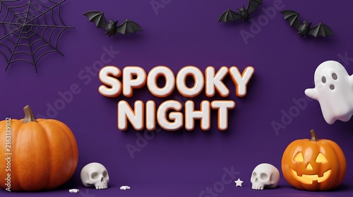 Spooky halloween night scene with jack-o'-lanterns and ghostly characters on dark background