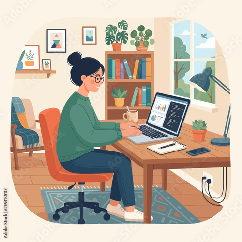 A young woman working on her laptop in a cozy home office setup with plants and books