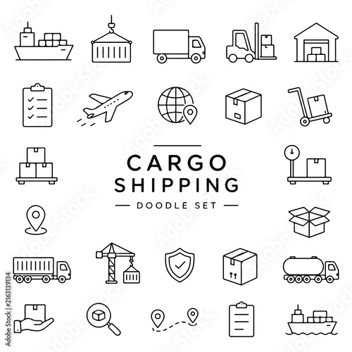 Cargo shipping doodle set. Minimalist doodle-style icons on a white background