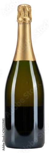 Sleek dark forest-green champagne bottle, high-gloss with chilled condensation and matte gold foil neck, isolated on a transparent studio background, conveying quiet opulence