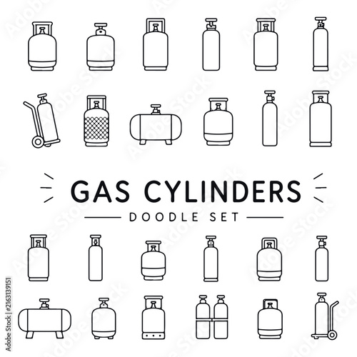 Gas cylinders doodle set. Minimalist doodle-style icons on a white background