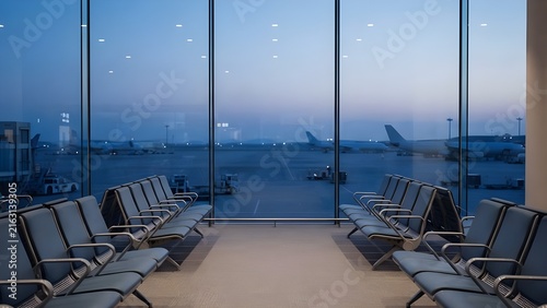 이른 아침 고요한 공항 대합실 유리창 너머로 비행기들이 늘어서 있는 이국적인 풍경
Exotic landscape of airplanes lined up beyond the glass window of a quiet airport waiting room early in the morning