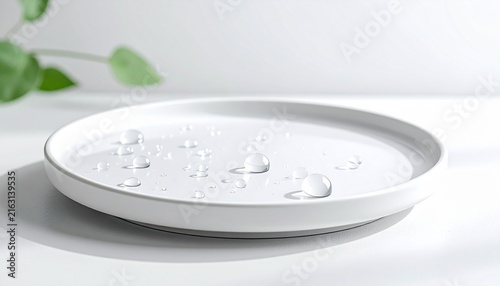 Smooth white ceramic plate covered with crystal clear water droplets
