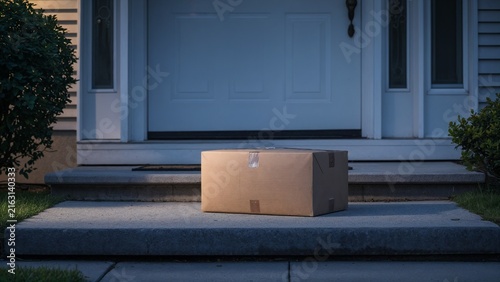 Unattended Delivery Package Outside a Residential Front Door at Dusk