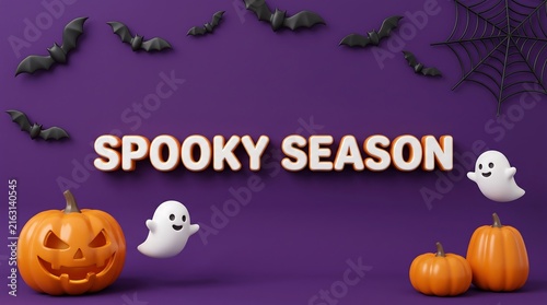 Spooky halloween season illustration with jack o lanterns and ghosts in a purple pixelated night sky