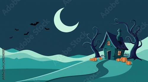 Spooky halloween house with jack o lanterns under a crescent moon at night