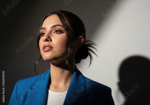 Portrait of a young woman in a blue blazer with dramatic lighting