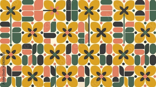 Colorful tropical pattern with palm trees and flowers in vibrant yellow and orange tones
