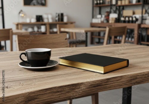 Cup of coffee and a book on a wooden table