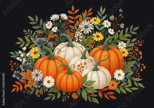 Autumn harvest composition with pumpkins and colorful fall flowers