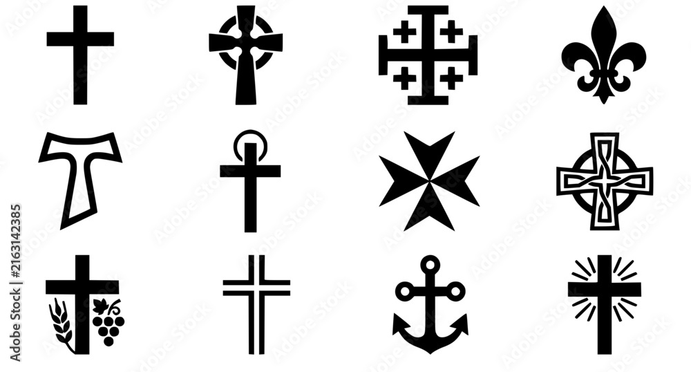 Fototapeta premium Christian Cross Vector Icon Set – Flat Religious Symbols and Cross Designs