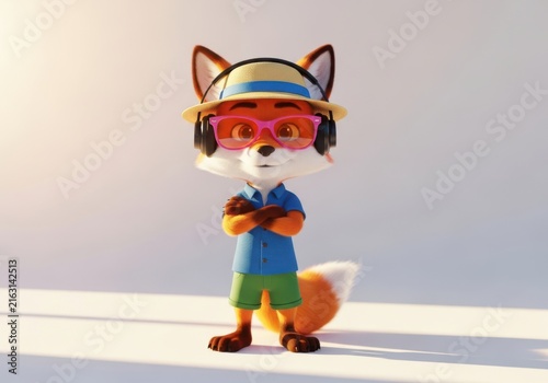 3d cartoon fox character wearing a straw hat and pink sunglasses
