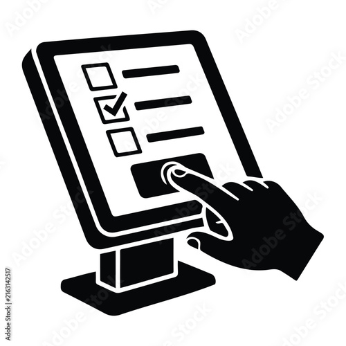 Digital voting terminal screen with electronic ballot hand touching display icon vector art.