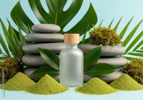 Spa product bottle with matcha powder and zen stones