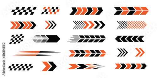 Racing car and race stripe icon set featuring checkered flags, finish line symbols, speed stripes, and motorsport graphics, editable vector elements for automotive branding, sports, and racing designs
