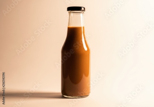 Glass bottle filled with brown liquid on a light background