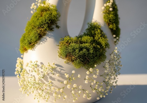 White ceramic vase decorated with green moss and babys breath flowers