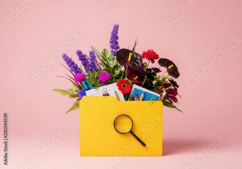Yellow file folder filled with colorful flowers and office supplies
