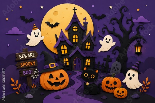 Spooky Halloween Night with Haunted House, Ghosts, and Pumpkins in a Dark Forest Scene